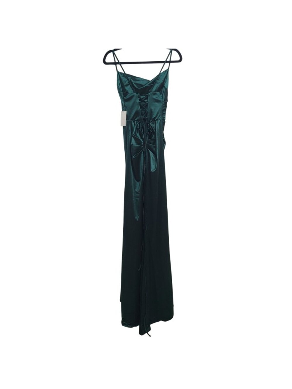 NEW B Darlin Green Satin Ruched Maxi Dress Spaghetti Straps Lace-Up Back Sz 5/6 - Picture 2 of 11